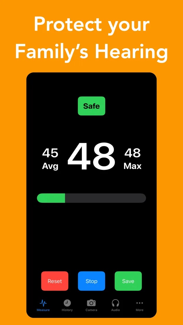 Decibel Shield Measure screen reading 48 dB, marked Safe, with a 45 dB average and 48 dB maximum, and Reset, Stop and Save buttons