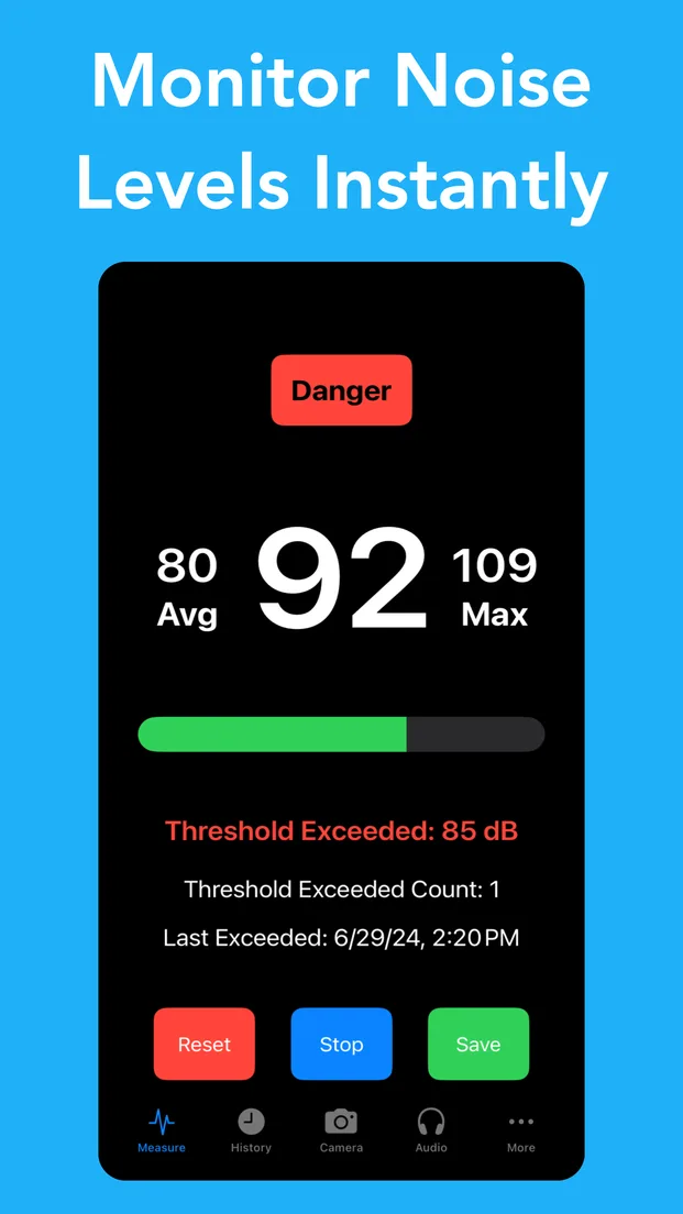 Decibel Shield Measure screen reading 92 dB, marked Danger, showing the 85 dB threshold exceeded once with the time it happened