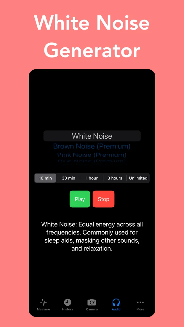 Decibel Shield Audio screen with the white noise generator: noise colour picker, timer from 10 minutes to unlimited, Play and Stop