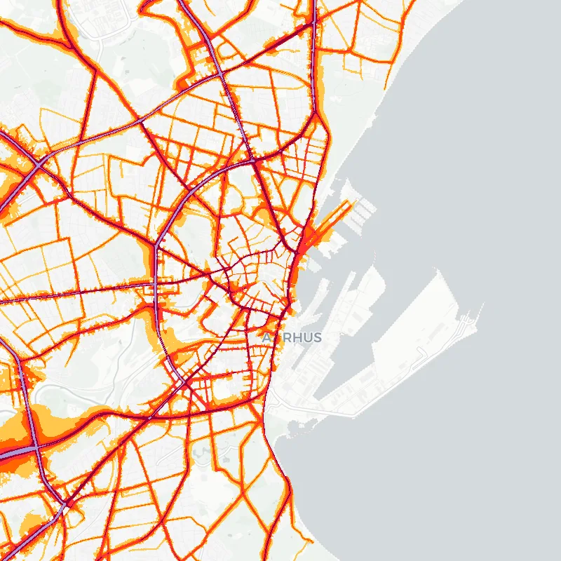 Noise map of Aarhus, Denmark: road-traffic noise contours from the EU strategic noise maps, shaded yellow (≈55 dB Lden) through orange and red to dark purple (≈75 dB+), over the city's street network.