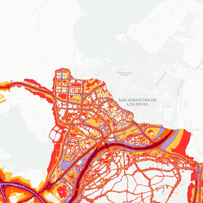 Noise map of Alcobendas, Spain: road-traffic noise contours from the EU strategic noise maps, shaded yellow (≈55 dB Lden) through orange and red to dark purple (≈75 dB+), over the city's street network.