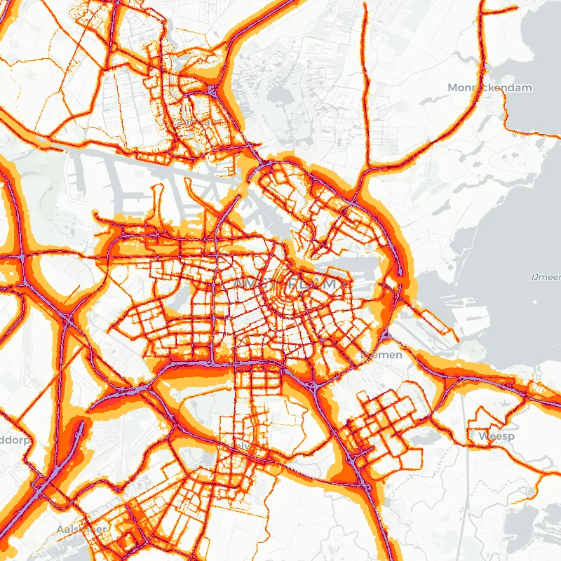 Noise map of Amsterdam, Netherlands — road traffic contours from the EU strategic noise maps over the street network.