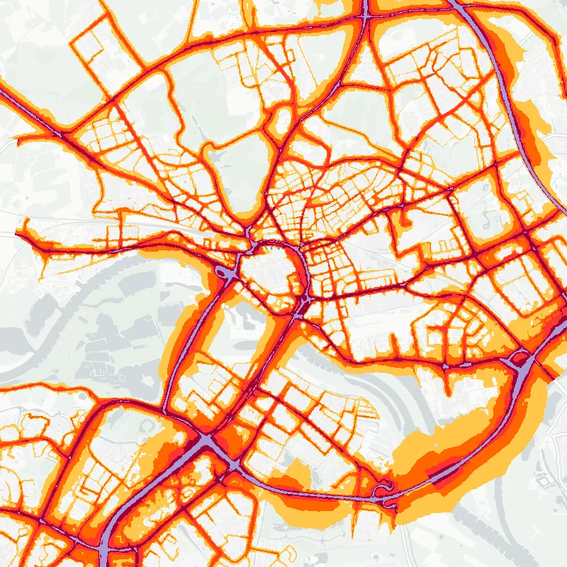 Noise map of Arnhem, Netherlands: road-traffic noise contours from the EU strategic noise maps, shaded yellow (≈55 dB Lden) through orange and red to dark purple (≈75 dB+), over the city's street network.