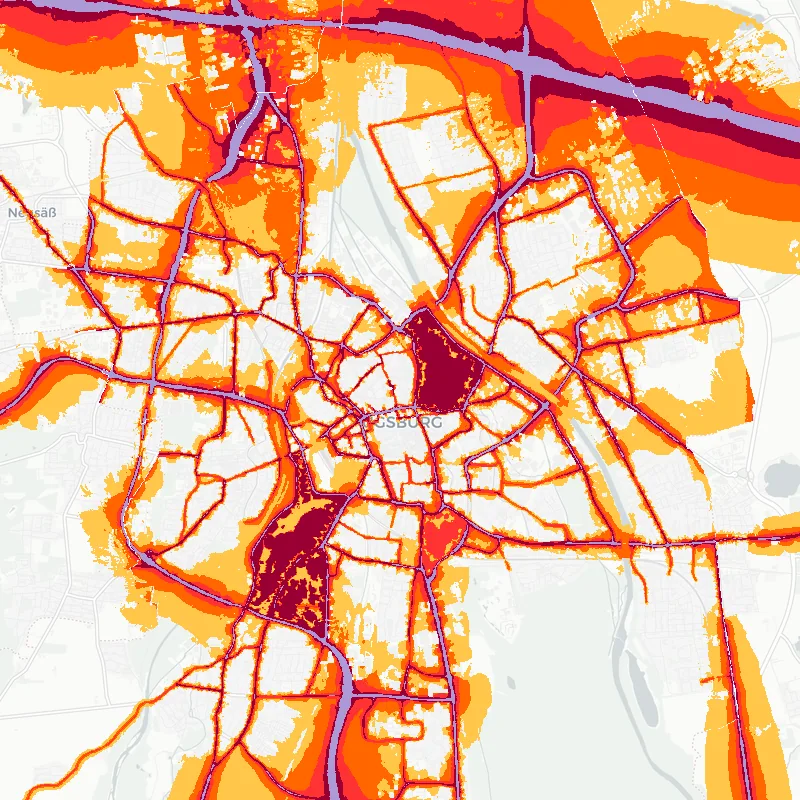 Noise map of Augsburg, Germany: road-traffic noise contours from the EU strategic noise maps, shaded yellow (≈55 dB Lden) through orange and red to dark purple (≈75 dB+), over the city's street network.