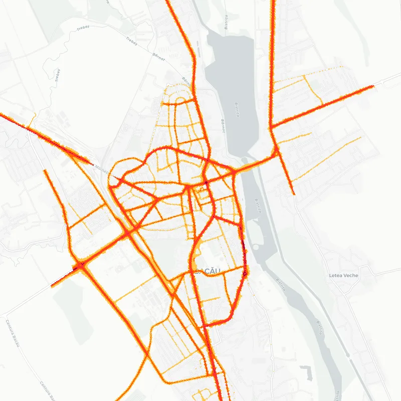 Noise map of Bacau, Romania: road-traffic noise contours from the EU strategic noise maps, shaded yellow (≈55 dB Lden) through orange and red to dark purple (≈75 dB+), over the city's street network.