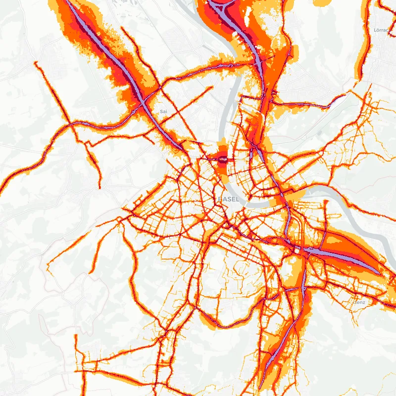 Noise map of Basel, Switzerland: road-traffic noise contours from the EU strategic noise maps, shaded yellow (≈55 dB Lden) through orange and red to dark purple (≈75 dB+), over the city's street network.