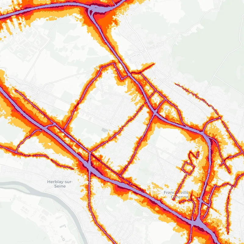 Noise map of Beauchamp, France: road-traffic noise contours from the EU strategic noise maps, shaded yellow (≈55 dB Lden) through orange and red to dark purple (≈75 dB+), over the city's street network.
