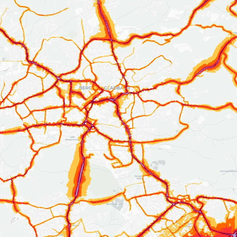 Noise map of Bergisch Gladbach, Germany: road-traffic noise contours from the EU strategic noise maps, shaded yellow (≈55 dB Lden) through orange and red to dark purple (≈75 dB+), over the city's street network.