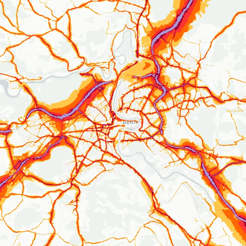 Noise map of Bern, Switzerland: road-traffic noise contours from the EU strategic noise maps, shaded yellow (≈55 dB Lden) through orange and red to dark purple (≈75 dB+), over the city's street network.
