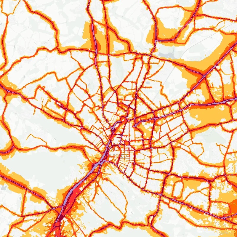 Noise map of Bielefeld, Germany: road-traffic noise contours from the EU strategic noise maps, shaded yellow (≈55 dB Lden) through orange and red to dark purple (≈75 dB+), over the city's street network.