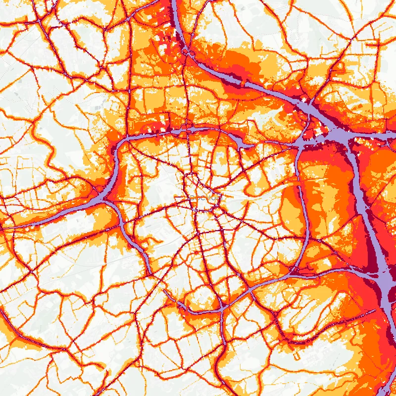 Noise map of Bochum, Germany: road-traffic noise contours from the EU strategic noise maps, shaded yellow (≈55 dB Lden) through orange and red to dark purple (≈75 dB+), over the city's street network.