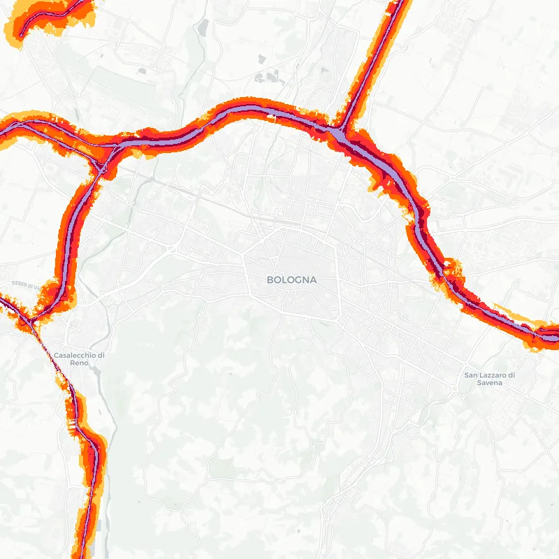 Noise map of Bologna, Italy: road-traffic noise contours from the EU strategic noise maps, shaded yellow (≈55 dB Lden) through orange and red to dark purple (≈75 dB+), over the city's street network.
