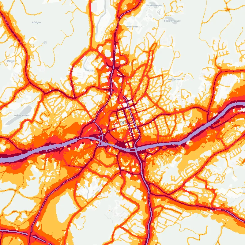 Noise map of Boras, Sweden: road-traffic noise contours from the EU strategic noise maps, shaded yellow (≈55 dB Lden) through orange and red to dark purple (≈75 dB+), over the city's street network.