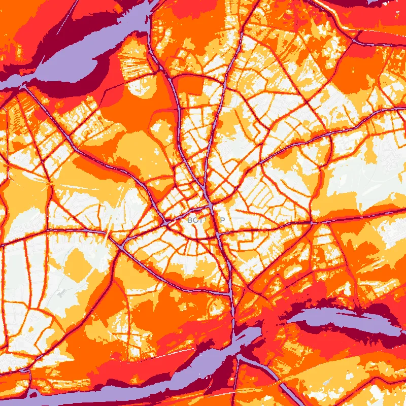 Noise map of Bottrop, Germany: road-traffic noise contours from the EU strategic noise maps, shaded yellow (≈55 dB Lden) through orange and red to dark purple (≈75 dB+), over the city's street network.
