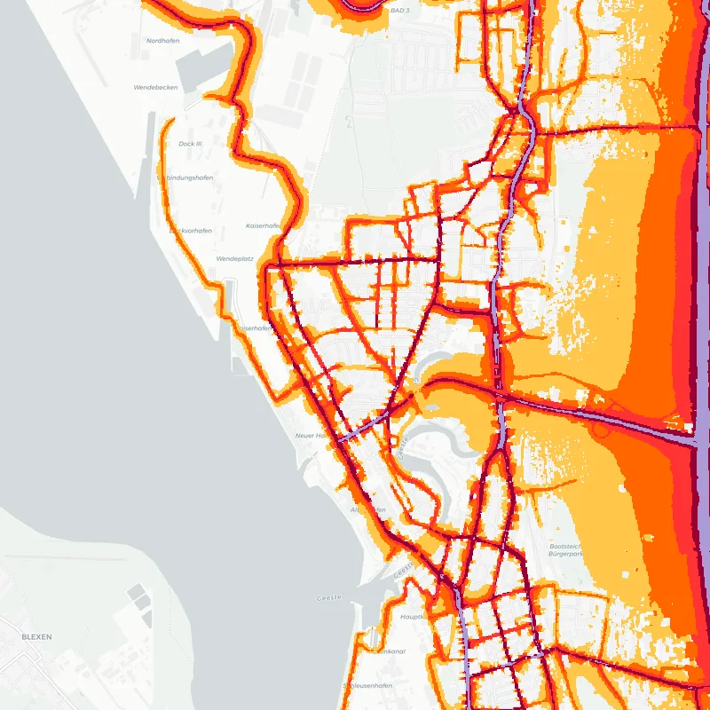 Noise map of Bremerhaven, Germany: road-traffic noise contours from the EU strategic noise maps, shaded yellow (≈55 dB Lden) through orange and red to dark purple (≈75 dB+), over the city's street network.
