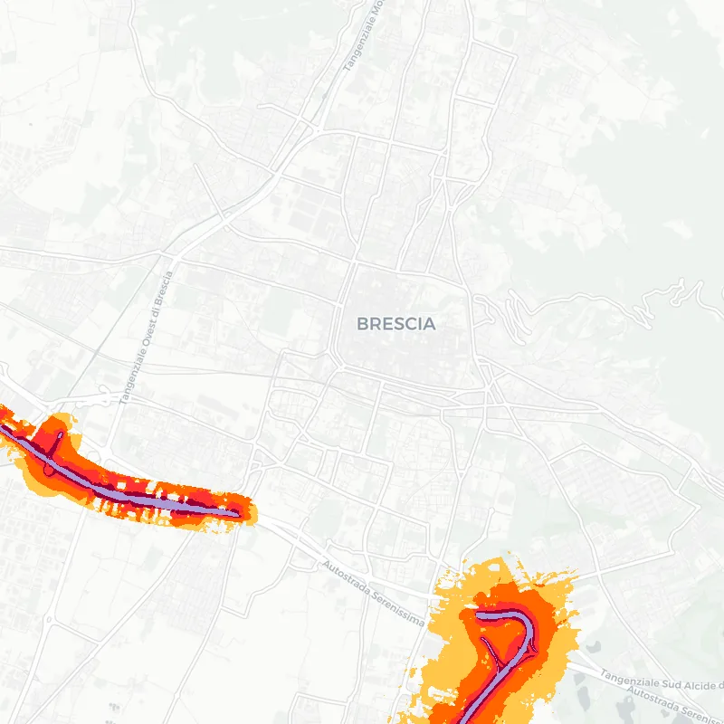 Noise map of Brescia, Italy: road-traffic noise contours from the EU strategic noise maps, shaded yellow (≈55 dB Lden) through orange and red to dark purple (≈75 dB+), over the city's street network.