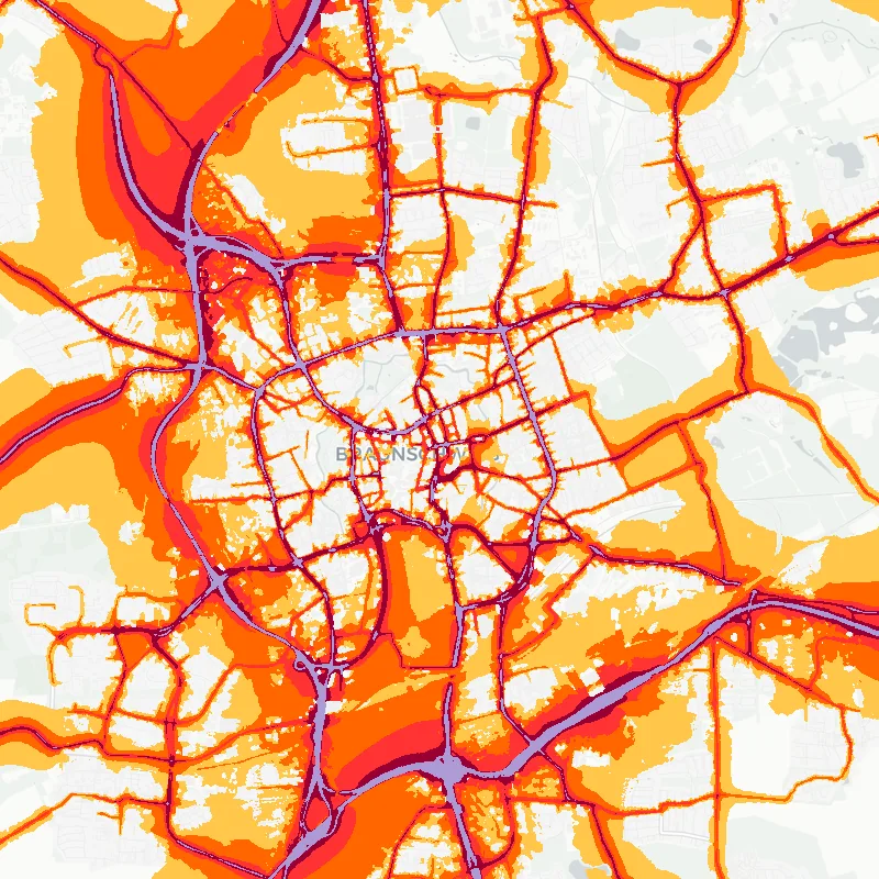 Noise map of Brunswick, Germany: road-traffic noise contours from the EU strategic noise maps, shaded yellow (≈55 dB Lden) through orange and red to dark purple (≈75 dB+), over the city's street network.