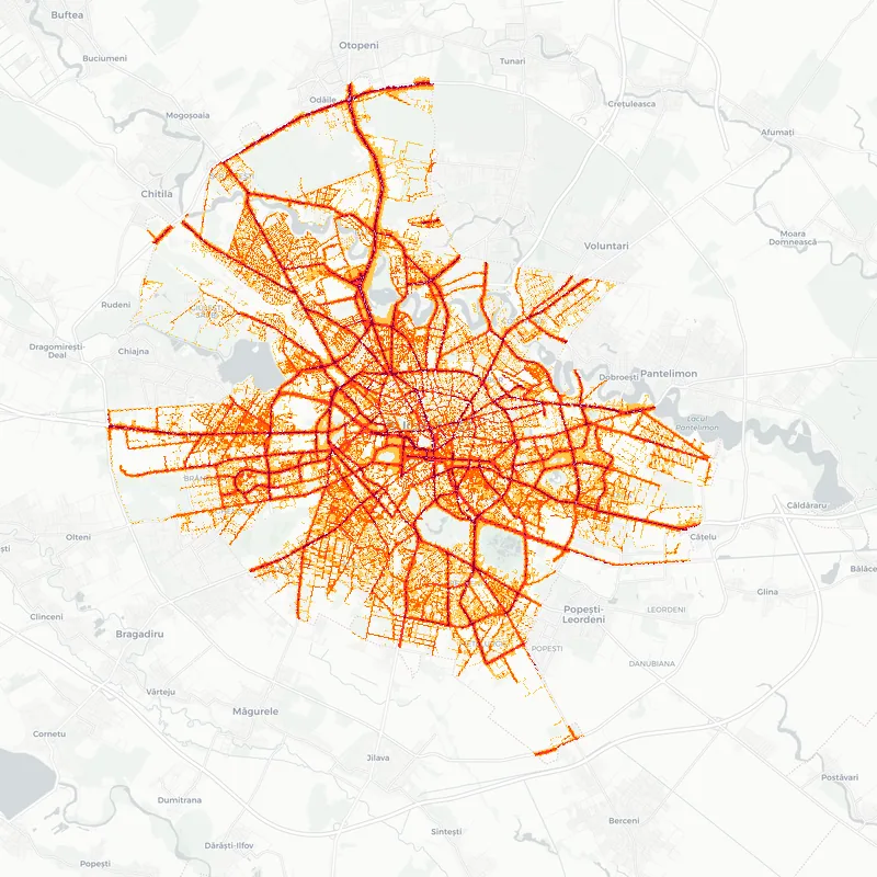 Noise map of Bucharest, Romania: road-traffic noise contours from the EU strategic noise maps, shaded yellow (≈55 dB Lden) through orange and red to dark purple (≈75 dB+), over the city's street network.