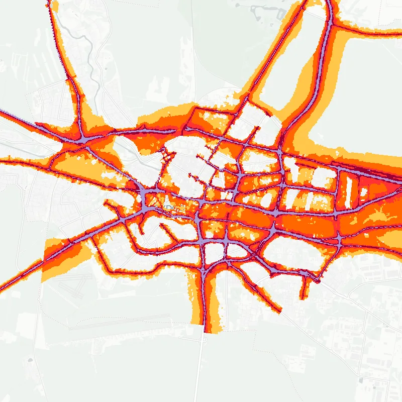 Noise map of Bydgoszcz, Poland: road-traffic noise contours from the EU strategic noise maps, shaded yellow (≈55 dB Lden) through orange and red to dark purple (≈75 dB+), over the city's street network.