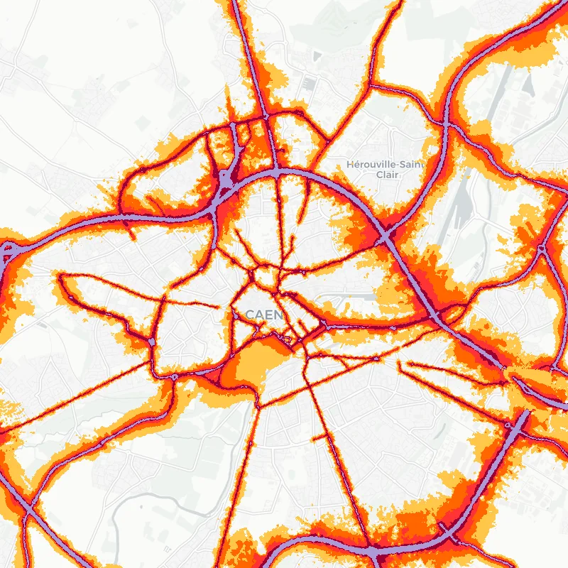 Noise map of Caen, France: road-traffic noise contours from the EU strategic noise maps, shaded yellow (≈55 dB Lden) through orange and red to dark purple (≈75 dB+), over the city's street network.