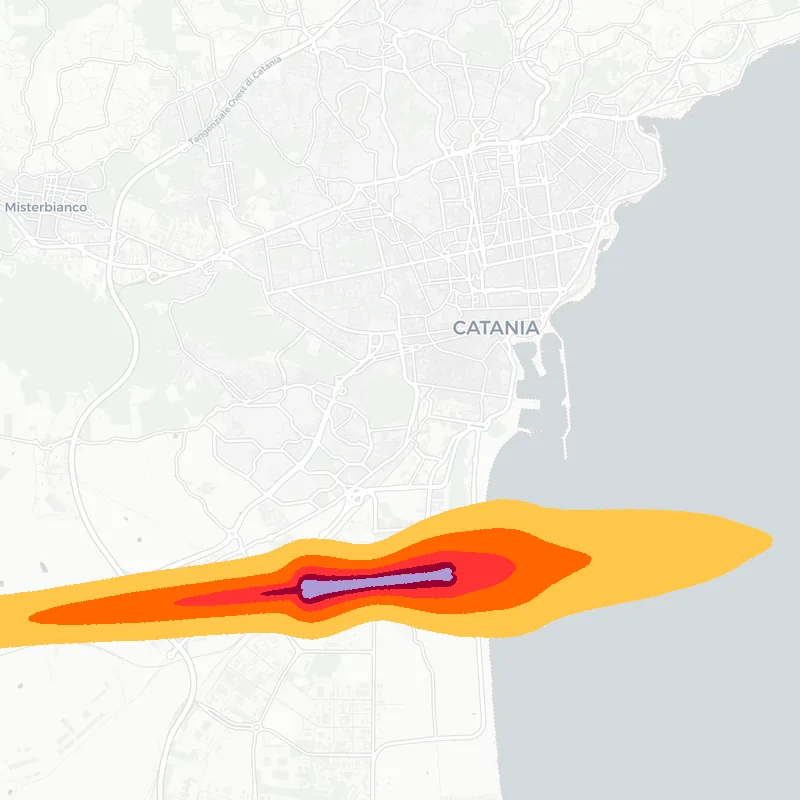Noise map of Catania, Italy: aircraft noise contours from the EU strategic noise maps, shaded yellow (≈55 dB Lden) through orange and red to dark purple (≈75 dB+), over the city's street network.