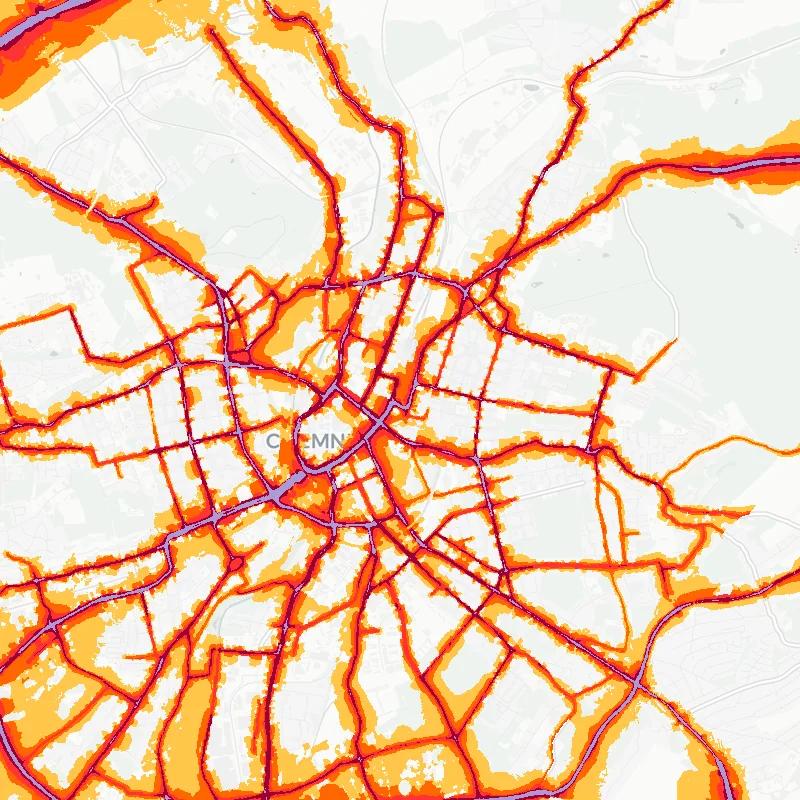 Noise map of Chemnitz, Germany: road-traffic noise contours from the EU strategic noise maps, shaded yellow (≈55 dB Lden) through orange and red to dark purple (≈75 dB+), over the city's street network.