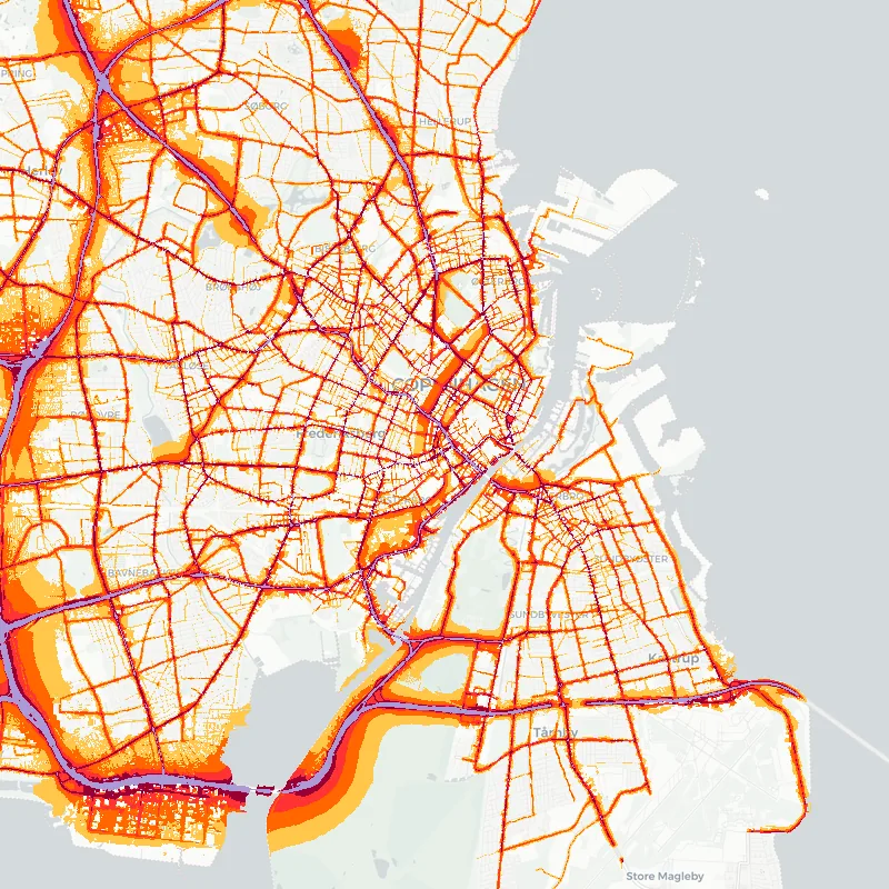 Noise map of Copenhagen, Denmark — road traffic contours from the EU strategic noise maps over the street network.