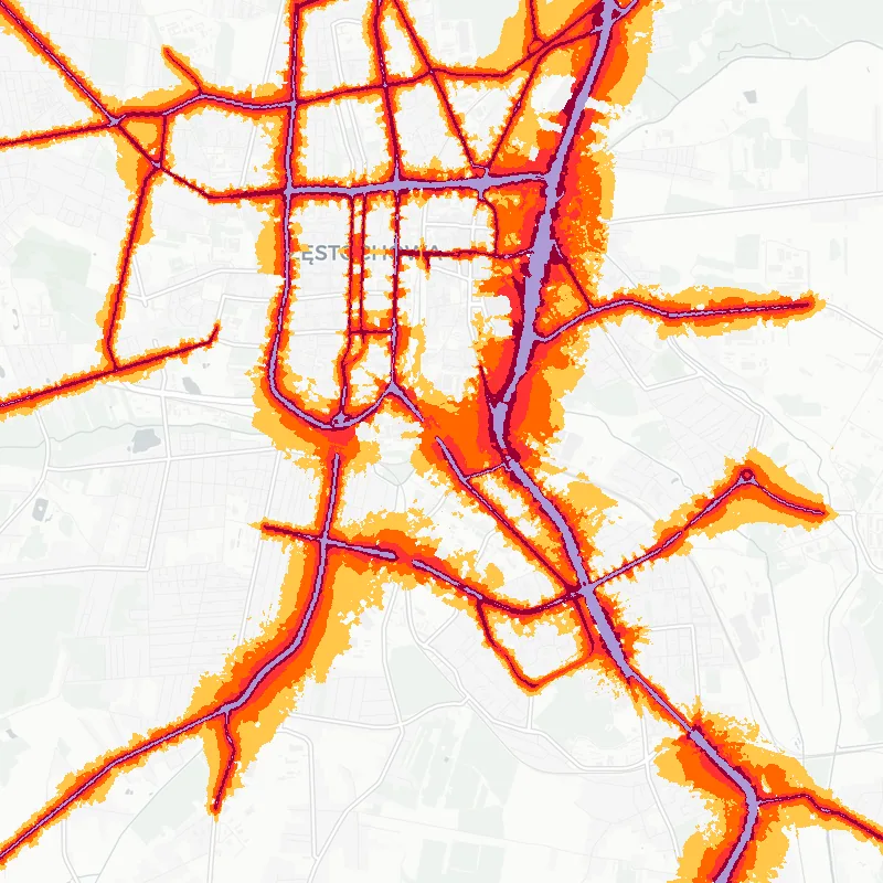 Noise map of Czestochowa, Poland: road-traffic noise contours from the EU strategic noise maps, shaded yellow (≈55 dB Lden) through orange and red to dark purple (≈75 dB+), over the city's street network.