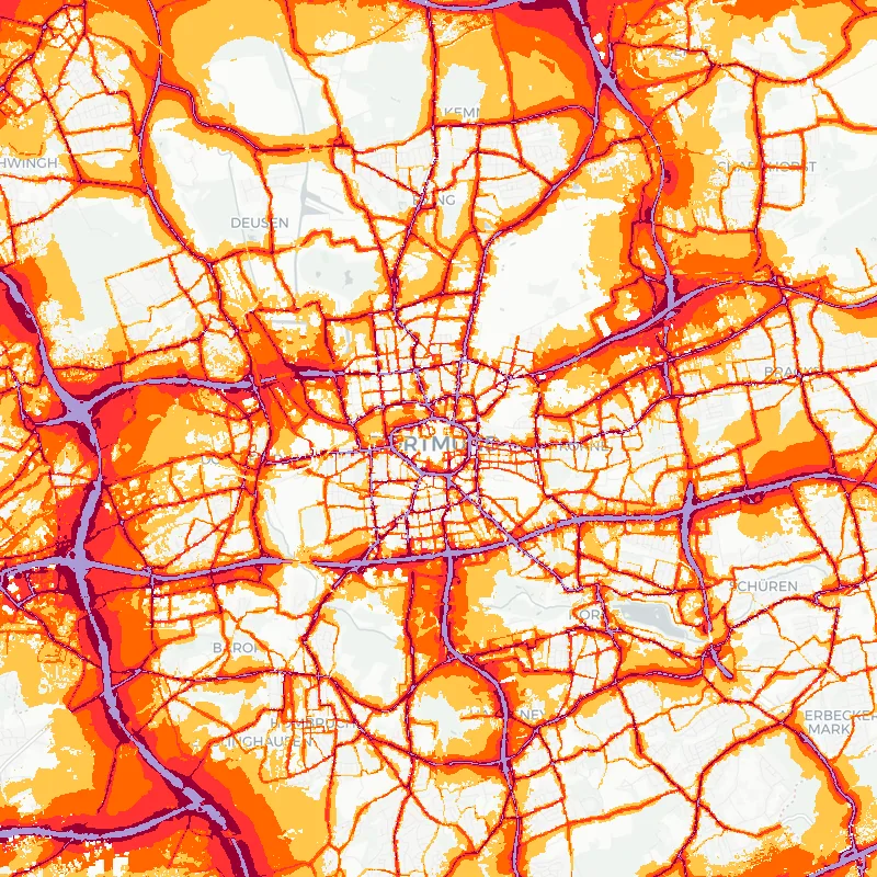 Noise map of Dortmund, Germany: road-traffic noise contours from the EU strategic noise maps, shaded yellow (≈55 dB Lden) through orange and red to dark purple (≈75 dB+), over the city's street network.