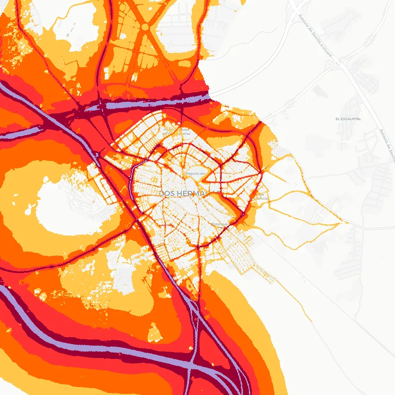 Noise map of Dos Hermanas, Spain: road-traffic noise contours from the EU strategic noise maps, shaded yellow (≈55 dB Lden) through orange and red to dark purple (≈75 dB+), over the city's street network.