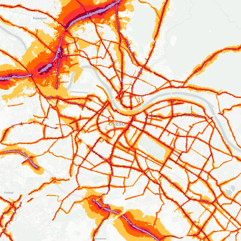 Noise map of Dresden, Germany: road-traffic noise contours from the EU strategic noise maps, shaded yellow (≈55 dB Lden) through orange and red to dark purple (≈75 dB+), over the city's street network.