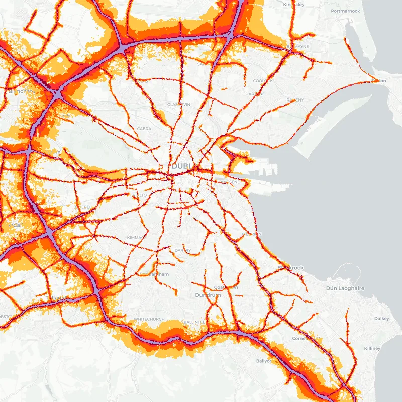 Noise map of Dublin, Ireland — road traffic contours from the EU strategic noise maps over the street network.