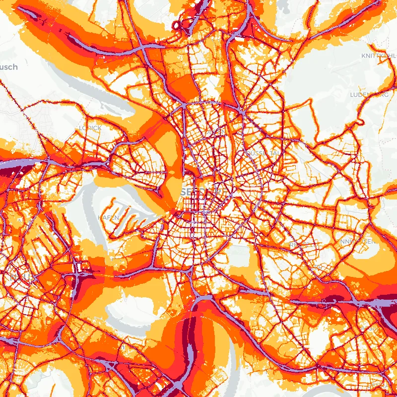 Noise map of Duesseldorf, Germany: road-traffic noise contours from the EU strategic noise maps, shaded yellow (≈55 dB Lden) through orange and red to dark purple (≈75 dB+), over the city's street network.
