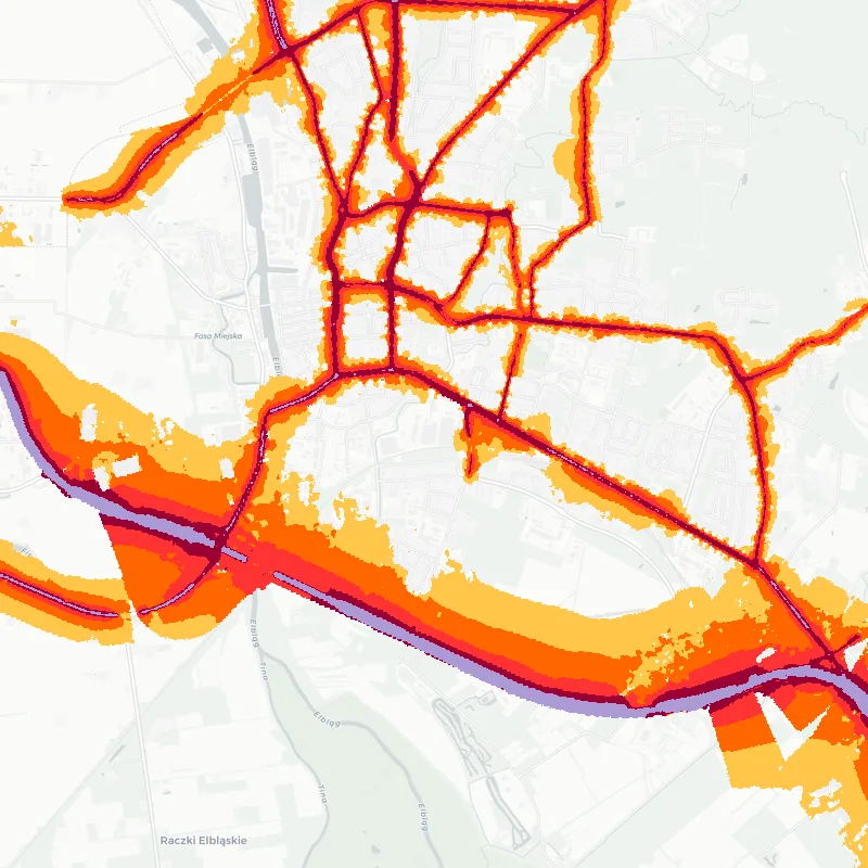 Noise map of Elblag, Poland: road-traffic noise contours from the EU strategic noise maps, shaded yellow (≈55 dB Lden) through orange and red to dark purple (≈75 dB+), over the city's street network.