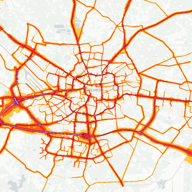 Noise map of Enschede, Netherlands: road-traffic noise contours from the EU strategic noise maps, shaded yellow (≈55 dB Lden) through orange and red to dark purple (≈75 dB+), over the city's street network.