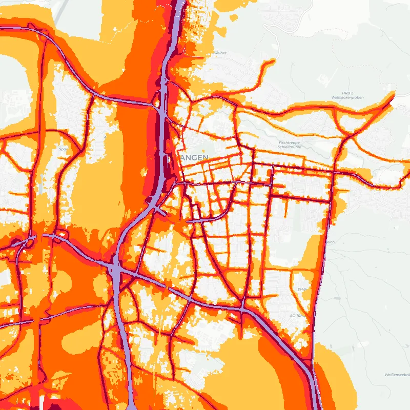 Noise map of Erlangen, Germany: road-traffic noise contours from the EU strategic noise maps, shaded yellow (≈55 dB Lden) through orange and red to dark purple (≈75 dB+), over the city's street network.