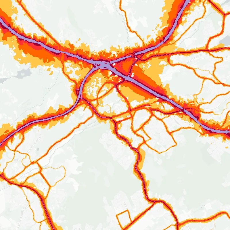 Noise map of Espoo, Finland: road-traffic noise contours from the EU strategic noise maps, shaded yellow (≈55 dB Lden) through orange and red to dark purple (≈75 dB+), over the city's street network.