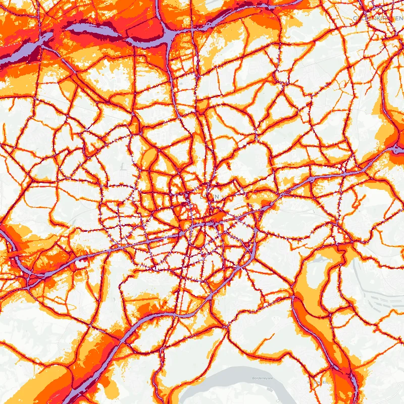 Noise map of Essen, Germany: road-traffic noise contours from the EU strategic noise maps, shaded yellow (≈55 dB Lden) through orange and red to dark purple (≈75 dB+), over the city's street network.