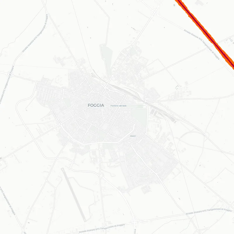 Noise map of Foggia, Italy: road-traffic noise contours from the EU strategic noise maps, shaded yellow (≈55 dB Lden) through orange and red to dark purple (≈75 dB+), over the city's street network.