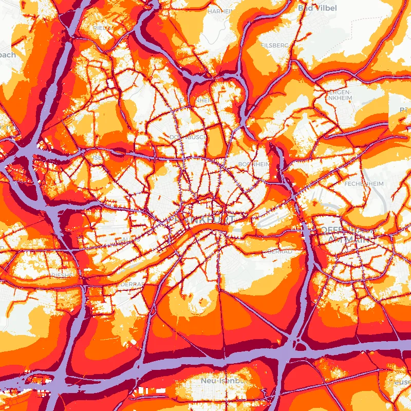 Noise map of Frankfurt on the Main, Germany: road-traffic noise contours from the EU strategic noise maps, shaded yellow (≈55 dB Lden) through orange and red to dark purple (≈75 dB+), over the city's street network.