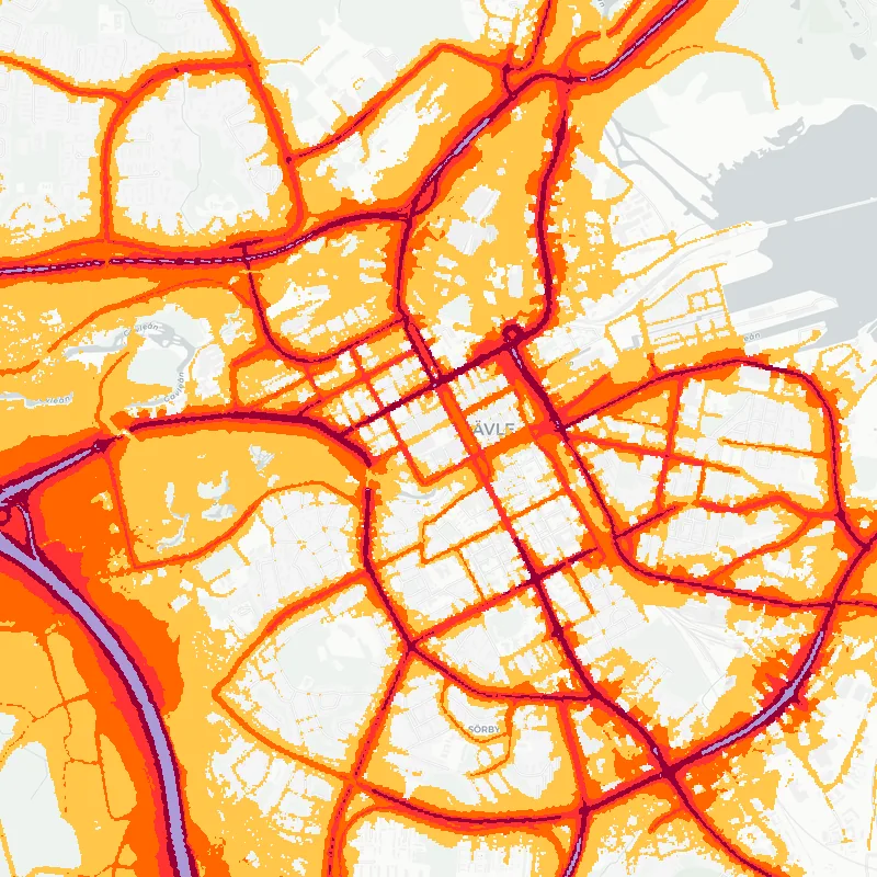 Noise map of Gavle, Sweden: road-traffic noise contours from the EU strategic noise maps, shaded yellow (≈55 dB Lden) through orange and red to dark purple (≈75 dB+), over the city's street network.
