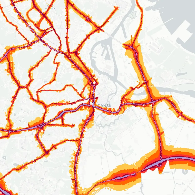 Noise map of Gdansk, Poland: road-traffic noise contours from the EU strategic noise maps, shaded yellow (≈55 dB Lden) through orange and red to dark purple (≈75 dB+), over the city's street network.