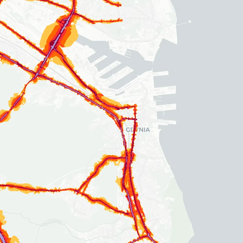 Noise map of Gdynia, Poland: road-traffic noise contours from the EU strategic noise maps, shaded yellow (≈55 dB Lden) through orange and red to dark purple (≈75 dB+), over the city's street network.