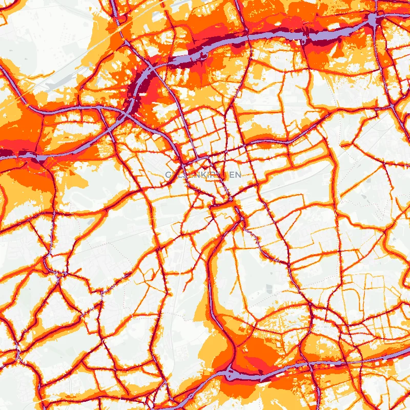 Noise map of Gelsenkirchen, Germany: road-traffic noise contours from the EU strategic noise maps, shaded yellow (≈55 dB Lden) through orange and red to dark purple (≈75 dB+), over the city's street network.