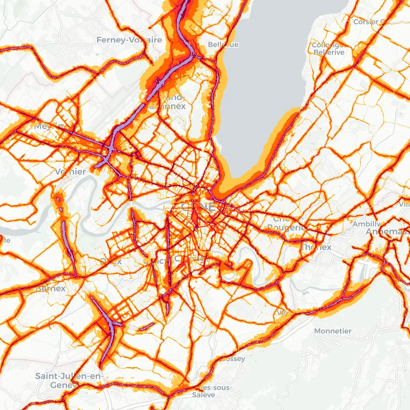 Noise map of Geneva, Switzerland: road-traffic noise contours from the EU strategic noise maps, shaded yellow (≈55 dB Lden) through orange and red to dark purple (≈75 dB+), over the city's street network.