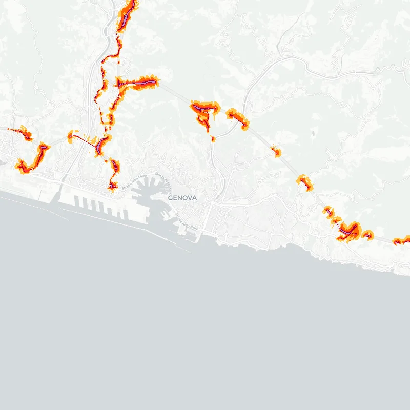 Noise map of Genoa, Italy: road-traffic noise contours from the EU strategic noise maps, shaded yellow (≈55 dB Lden) through orange and red to dark purple (≈75 dB+), over the city's street network.