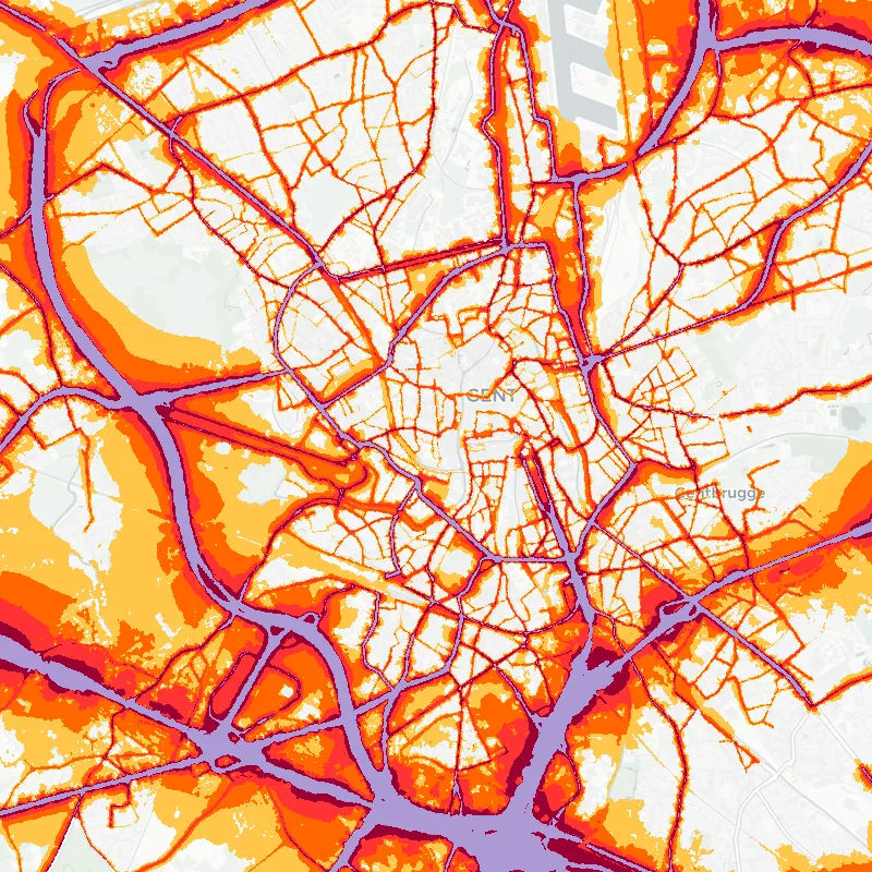 Noise map of Ghent, Belgium: road-traffic noise contours from the EU strategic noise maps, shaded yellow (≈55 dB Lden) through orange and red to dark purple (≈75 dB+), over the city's street network.