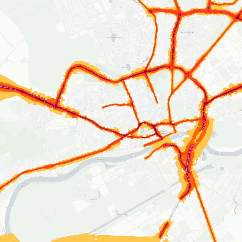 Noise map of Gorzow Wielkopolski, Poland: road-traffic noise contours from the EU strategic noise maps, shaded yellow (≈55 dB Lden) through orange and red to dark purple (≈75 dB+), over the city's street network.