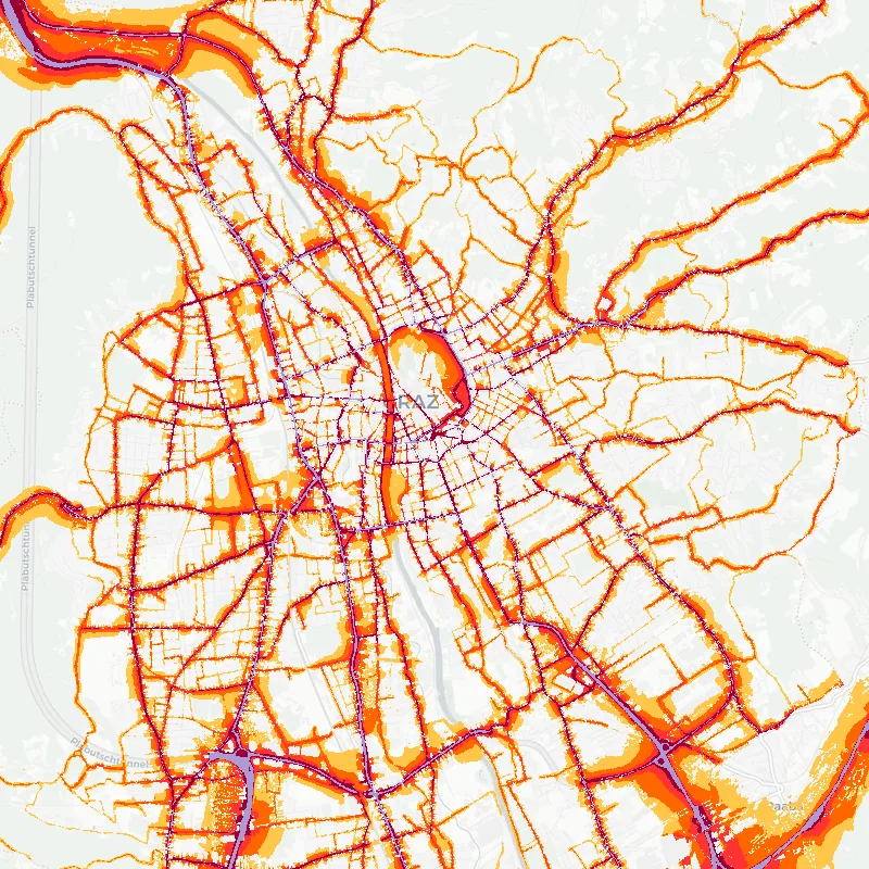 Noise map of Graz, Austria: road-traffic noise contours from the EU strategic noise maps, shaded yellow (≈55 dB Lden) through orange and red to dark purple (≈75 dB+), over the city's street network.