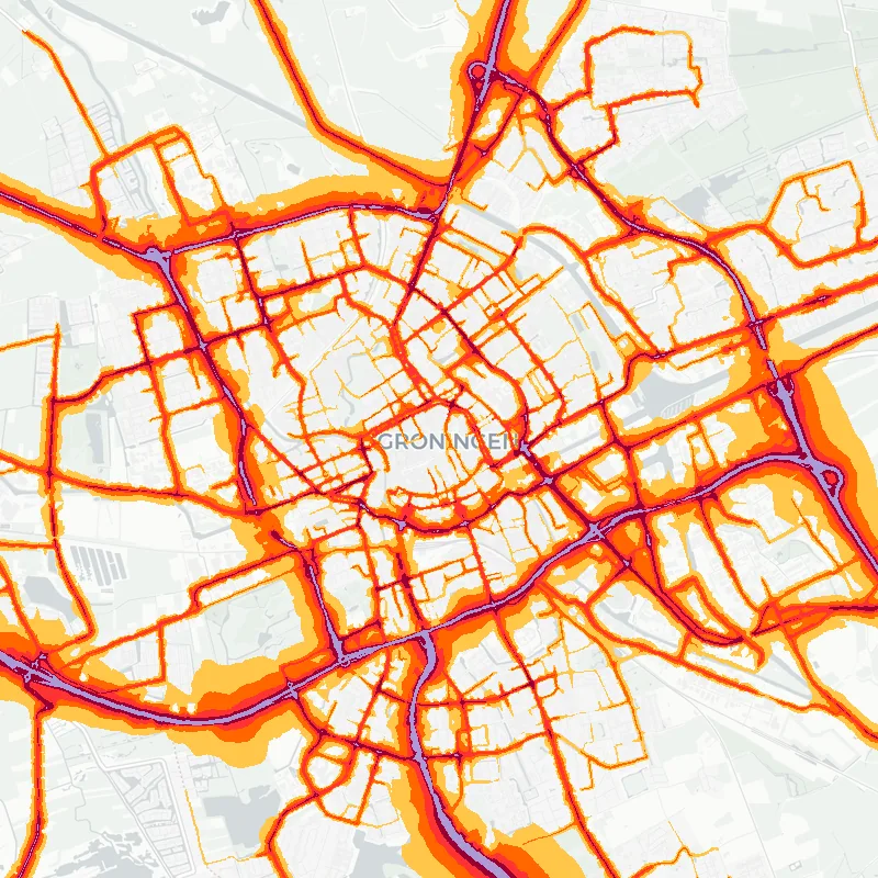 Noise map of Groningen, Netherlands: road-traffic noise contours from the EU strategic noise maps, shaded yellow (≈55 dB Lden) through orange and red to dark purple (≈75 dB+), over the city's street network.
